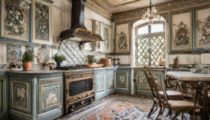 Victorian-era kitchen with ornate details, patterned tiles, and a vintage stove