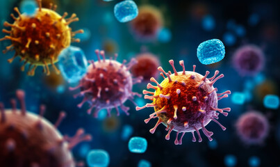 Fototapeta premium Microscopic magnification revealing bacteria and virus cells, a representation of pathogens like COVID-19 in a biological research setting
