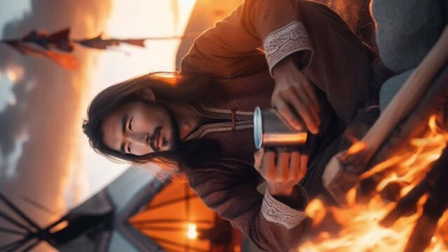 Animated photo shows a young Asian man with long hair sitting by a campfire. In the background is a tent. Landscape like in Mongolia. Vertical video.