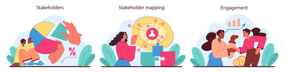 Stakeholder engagement set. Illustrating dynamic interactions, strategic mapping, and active participation within a business context. Enhancing corporate relations. Flat vector illustration.