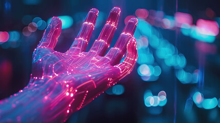 Robotic or android hand from digital neon lights. Technologies and artificial intelligence concept, innovation and futuristic.