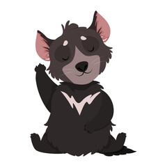Cute black Tasmanian devil sitting with his paw raised