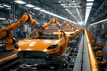 Fototapeta premium Car factory 3D concept with automated robot arm assembly line producing electronic vehicles.