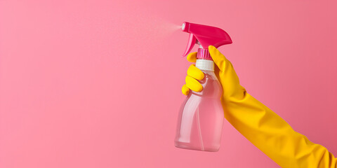 a hand in a yellow glove holds a pink spray bottle for cleaning on a soft pink background. Concept for advertising cleaning services, web template with space for text on the left.