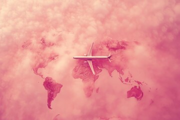 a pink world map with an airplane on it, in the style of pop inspo, soft pink and pink