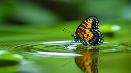 Fototapeta na wymiar vibrant orange and black butterfly with wings spread sits on water, causing ripples, with a green, leafy background