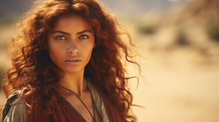 Naklejka premium Photorealistic Teen Indian Woman with Red Curly Hair retro Illustration. Portrait of a person in western movie vintage style. Cowboy spirit Ai Generated Horizontal Illustration.