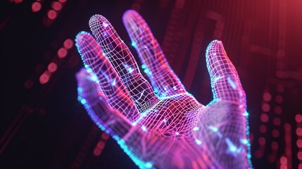 Robotic or android hand from digital neon lights. Technologies and artificial intelligence concept, innovation and futuristic.
