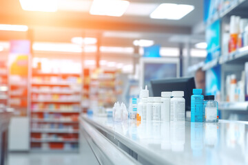 Blurred pharmacy drugstore interior with rows and shelves with medications remedies. Medical background