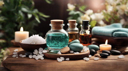 Obraz na płótnie Canvas beauty treatment items for spa procedures on wooden table, massage stones, essential oils and sea salt