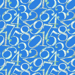 Seamless pattern of Watercolor illustration collection of numbers from 1 to 0. Hand painted elements drawing on blue background. For fabric, sketchbook, wallpaper, wrapping paper, design.