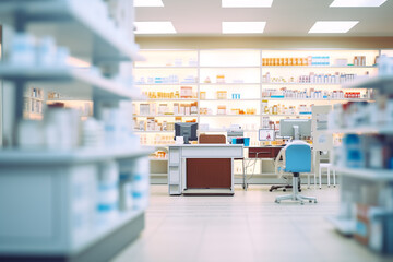 Blurred pharmacy drugstore interior with rows and shelves with medications remedies. Medical background