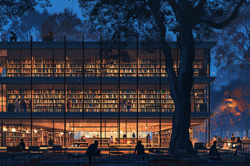 people working on french library in evening