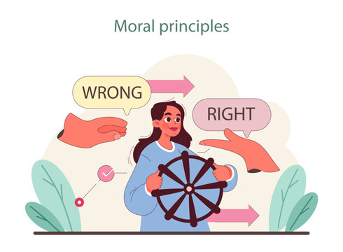 Moral Principles concept. A character navigates right and wrong with a moral compass, amidst directional choices. Flat vector illustration.