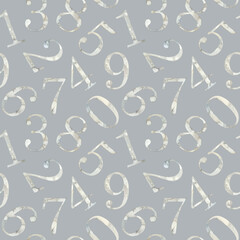 Seamless pattern of watercolor illustration collection of marble numbers from 1 to 0. Hand painted elements drawing on light background. For fabric, sketchbook, wallpaper, wrapping, creative design.