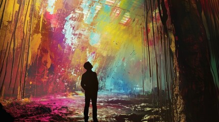 Man in front of a wall full of colorful graffiti