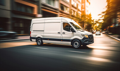 Fototapeta na wymiar Speeding White Delivery Van in Urban Setting Captures the Fast-Paced Nature of City Logistics and E-commerce Delivery Services