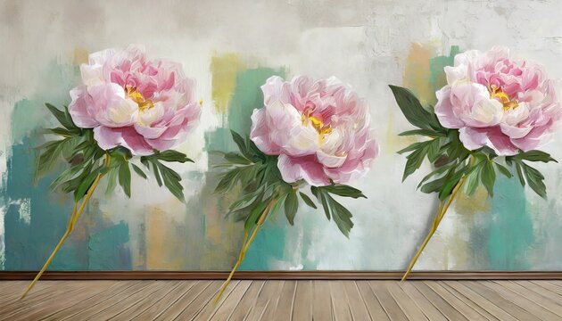 drawn art peonies on a textured background with imitation of paint and stains wall murals in a room or home interior