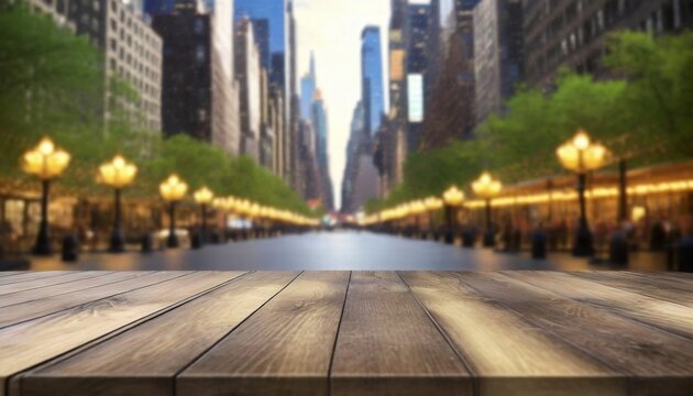 the empty wooden table top with blur background of nyc street exuberant image 