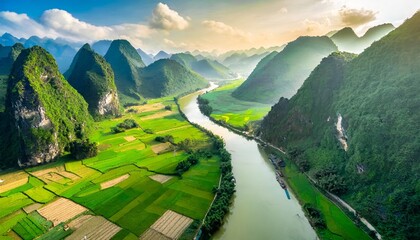 aerial landscape in phong nam valley an extreme scenery landscape at cao bang province vietnam with river nature green rice fields - obrazy, fototapety, plakaty