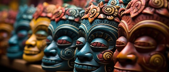Mayan Colorful Wooden Masks. Mayan Mask. Mayan wooden handcrafted masks in a traditional Mexican market.  - obrazy, fototapety, plakaty