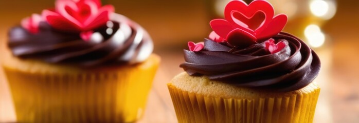 Romantic postcard with cupcakes on grey wooden table background. Valentines day, Mothers day food concept image. Banner for Valentines Day card, romantic design, voucher, greeting card. Copy space.