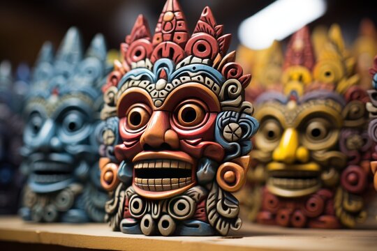 Mayan Colorful Wooden Masks. Mayan Mask. Mayan wooden handcrafted masks in a traditional Mexican market. 