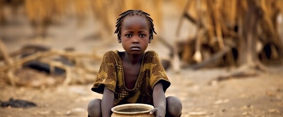 hungry poor african girl, in dirty clothes, stands with an empty bowl waiting for food against the backdrop of a poor destroyed village concept: poor african children, humanitarian aid, poverty in afr