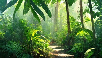tropical jungle where you can see glimpses of light art drawing on a textural background photo wallpaper - obrazy, fototapety, plakaty