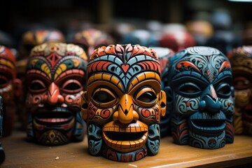 Mayan Colorful Wooden Masks. Mayan Mask. Mayan wooden handcrafted masks in a traditional Mexican market. 