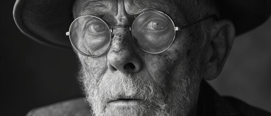portrait noir et blanc en gros plan d'un vieil homme barbu et ridé avec des lunettes - obrazy, fototapety, plakaty