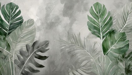 art drawing on a watercolor texture background tropical leaves in gray tones wall murals in the interior