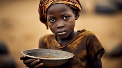 hungry poor african girl in dirty clothes stands with an empty bowl waiting for food concept: humanitarian aid, poverty in africa