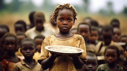 A little hungry African girl with a serious expression on her face holds a bowl of food while a group of hungry children stands behind her.