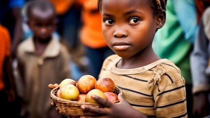 A little hungry African girl holds a basket of fruit, standing in front of other hungry children in bright clothes.