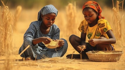 Two African girls in traditional clothes are sorting grains in a wheat field.