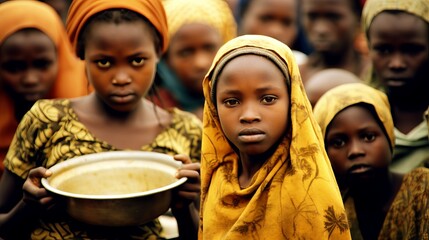 An African boy holds a bowl of food, surrounded by other children, with the African countryside in the background.