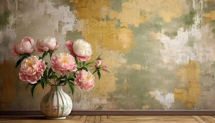 textured shabby wall with painted peonies photo wallpaper for the room and any interior of the house imitation of a peeling wall - obrazy, fototapety, plakaty