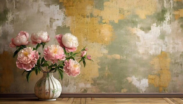 textured shabby wall with painted peonies photo wallpaper for the room and any interior of the house imitation of a peeling wall