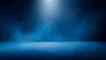the dark stage shows dark blue background an empty dark scene neon light and spotlights the concrete floor and studio room with smoke float up the interior texture for display products - obrazy, fototapety, plakaty