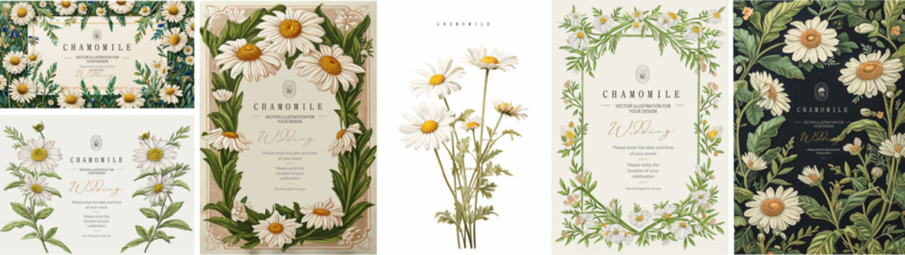 Chamomile. Illustrations of daisy flowers and leaves for frame, border, vintage wedding invitations on craft paper, floral greeting card, flyer or template in elegant trendy style