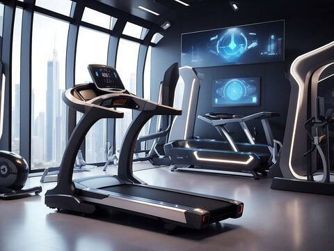 the generic futuristic design of a gym treadmill machine with an interactive screen design.