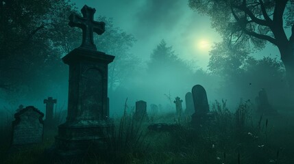 Foggy graveyard at night with full moon. Halloween concept. A moonlit graveyard shrouded in fog, with tombstones casting long shadows. cool blues and greens to evoke a spectral ambiance.