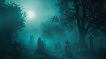 Foggy graveyard at night with full moon. Halloween concept. A moonlit graveyard shrouded in fog, with tombstones casting long shadows. cool blues and greens to evoke a spectral ambiance.