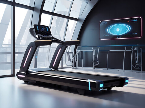 the generic futuristic design of a gym treadmill machine with an interactive screen design.