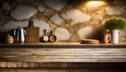 cozy kitchen background for product presentation with light stone wall and wooden table countertop or shelf
