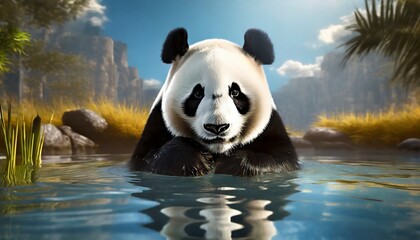 giant panda sitting in water - obrazy, fototapety, plakaty