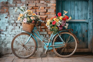 Fototapeta na wymiar Vintage bicycle with basket of flowers in front of brick wall. A nostalgic snapshot of a vintage bicycle with a basket overflowing with colorful flowers and gifts, parked against a rustic brick wall. 