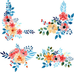 Fototapeta na wymiar set of blue pink watercolor floral elements