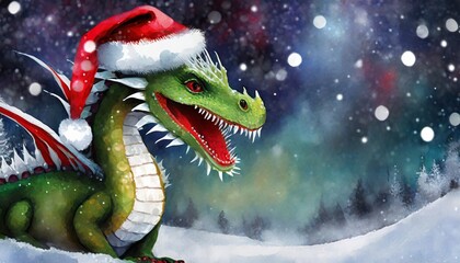 Fototapeta premium dragon with christmas hat in winter nature 